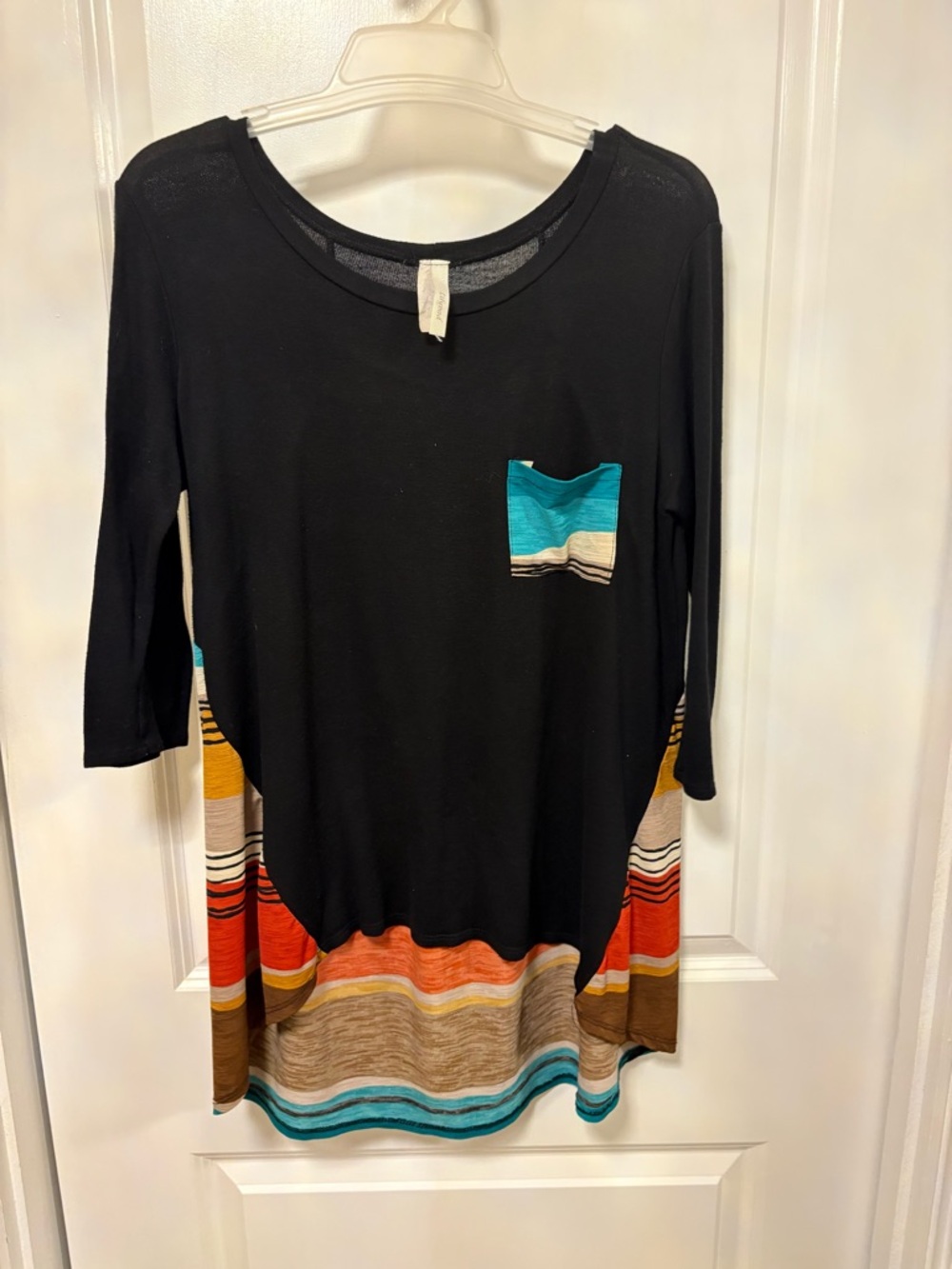 EDUN Black Tunic Top with Multicolor Striped Hem and Pocket
